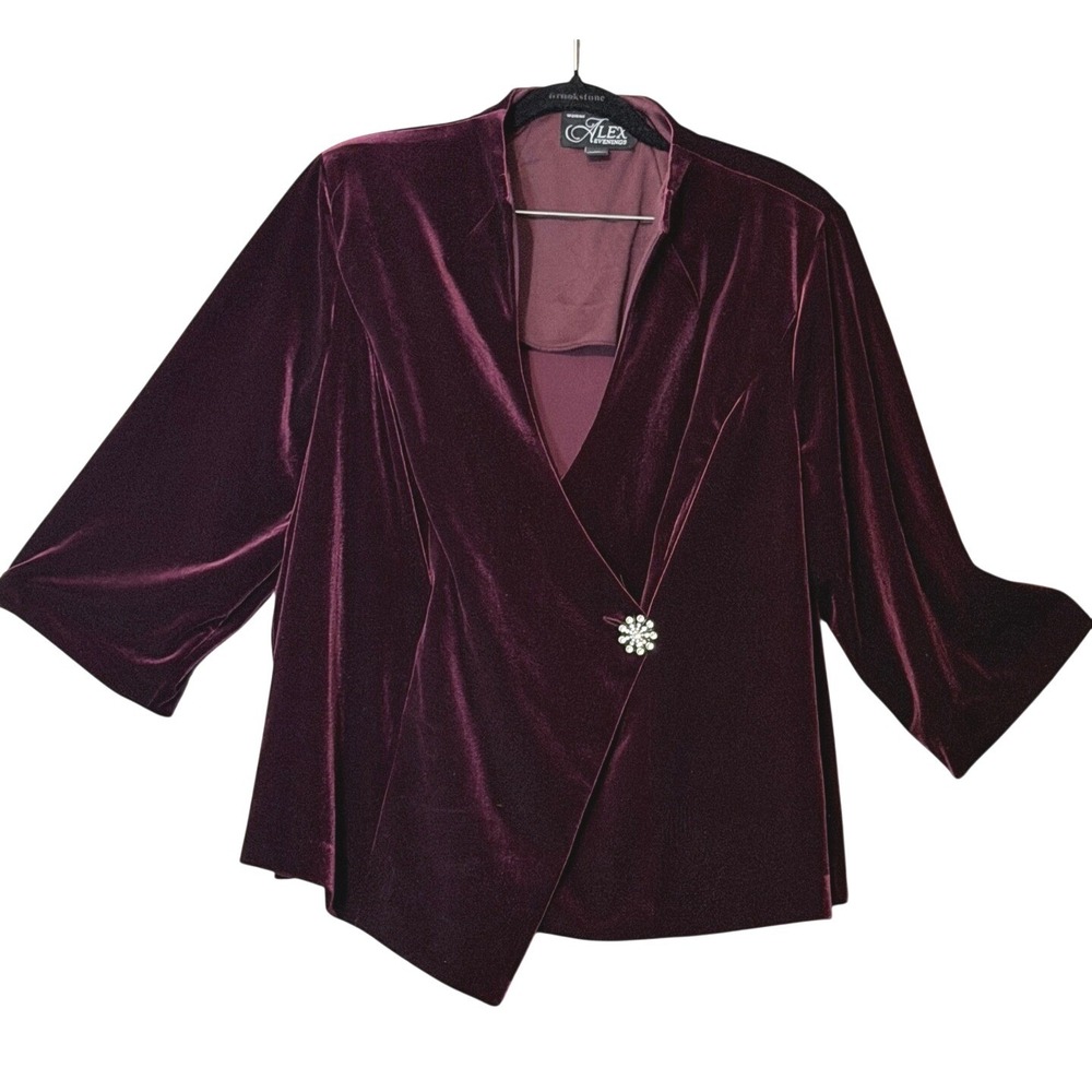 Alex Evenings Holiday Velvet Wrap Evening Jacket 1X Plum Wine Rhinestone Button